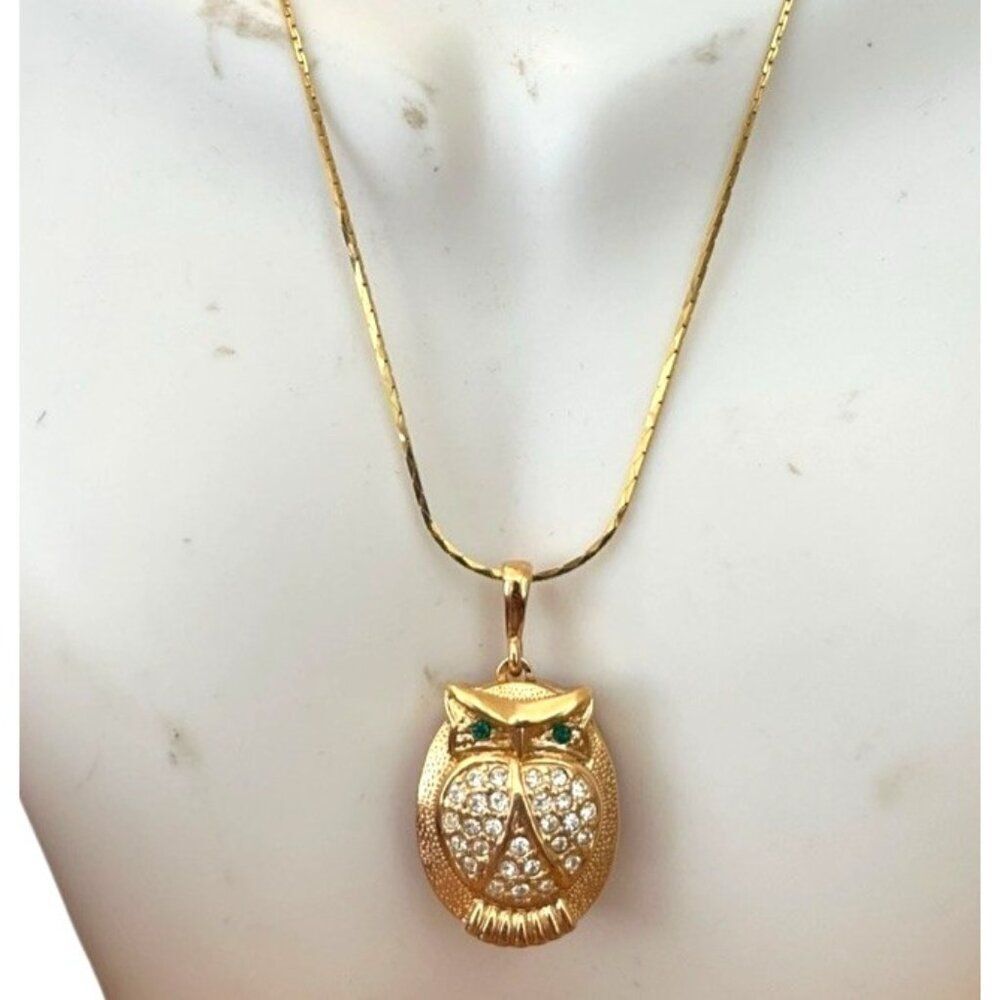 Owl Locket Gold Tone Pendant Necklace Green Eyes Rhinestones Red Enamel Back